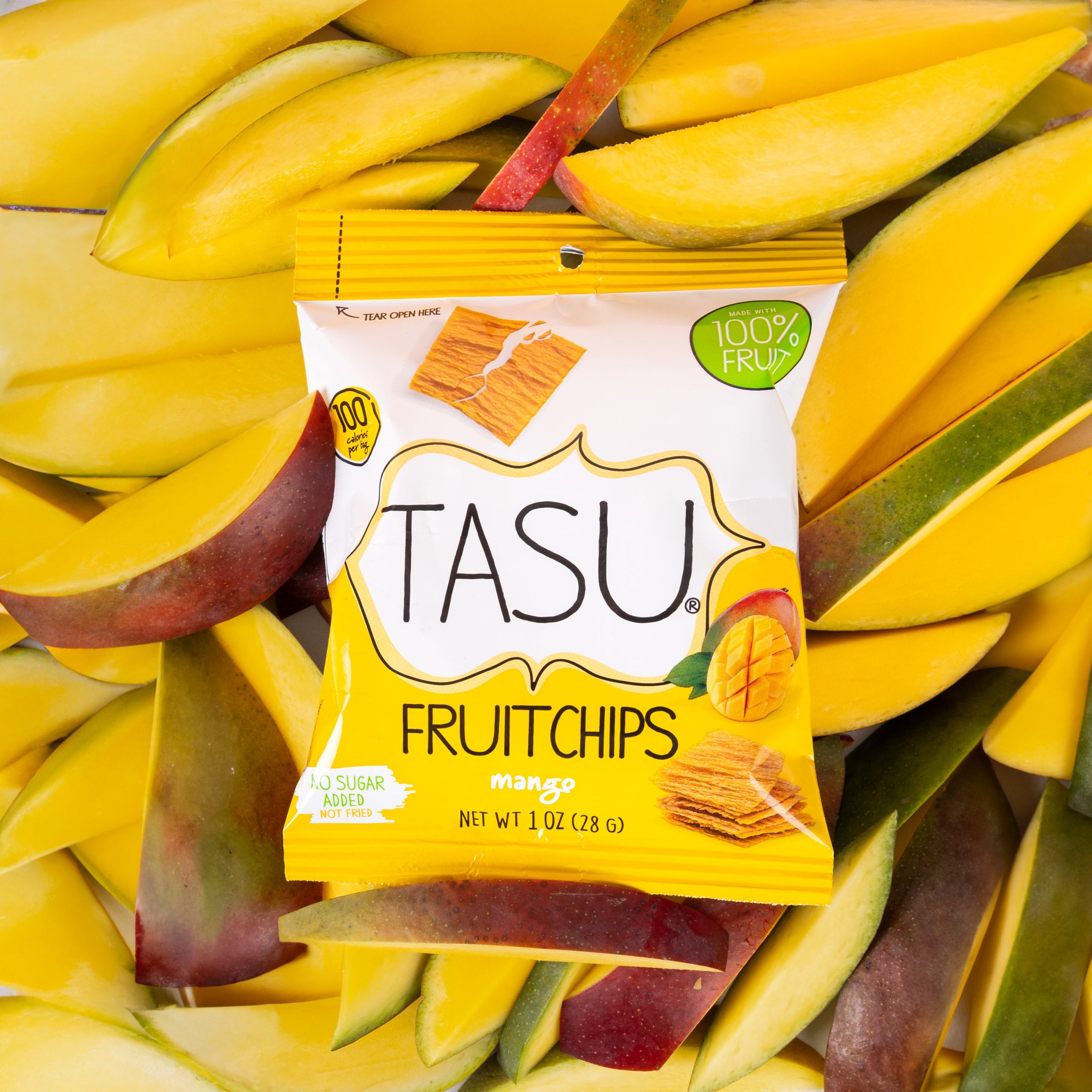 Mango TASU Fruit Chips with real mango behind