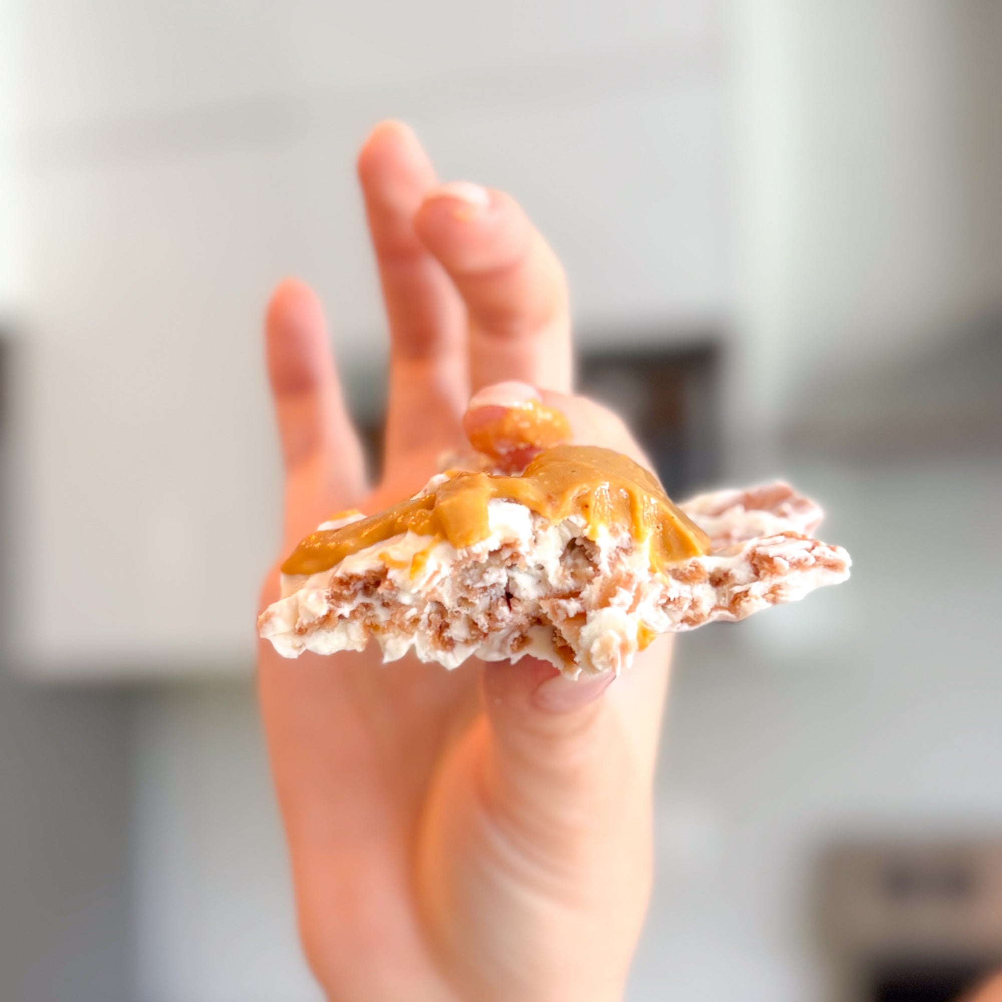 Hand holding yogurt bite