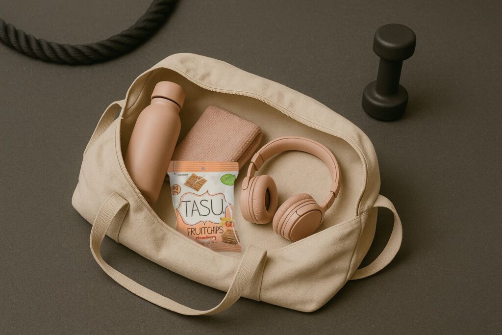 TASU Fruit Chips in a gym bag. Your perfect gym snack
