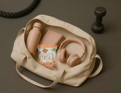 TASU Fruit Chips in a gym bag. Your perfect gym snack